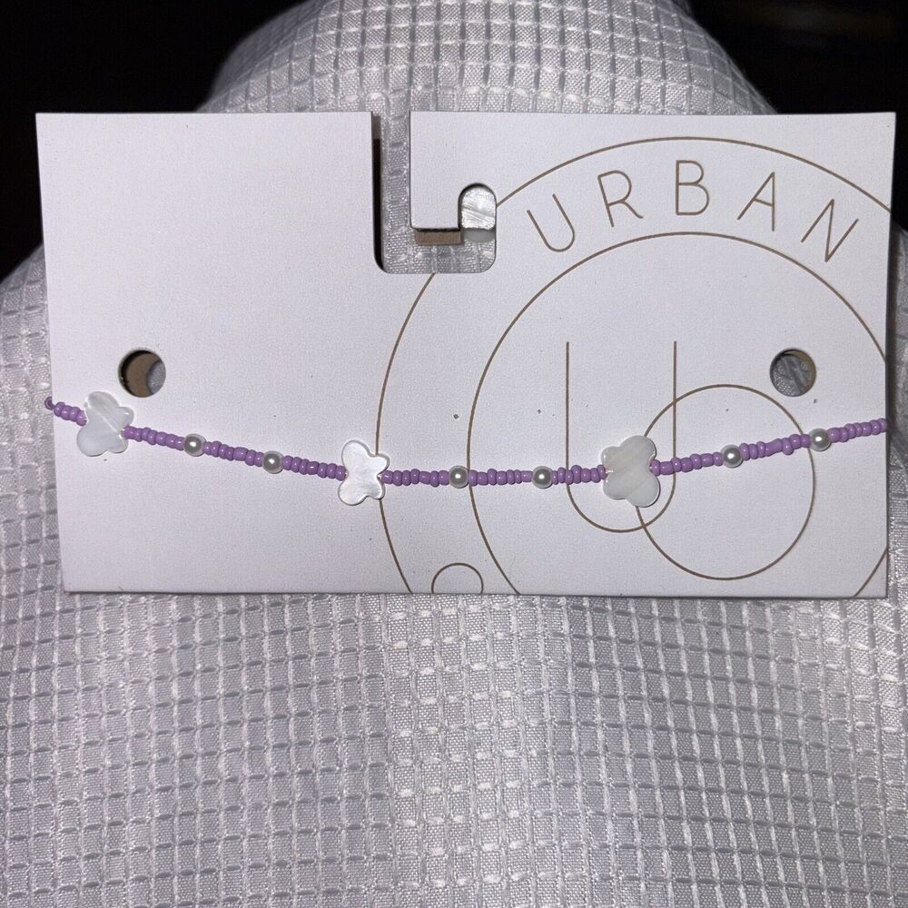 Urban Outfitters Sequoia Beaded Butterfly Purple & White Necklace NWT